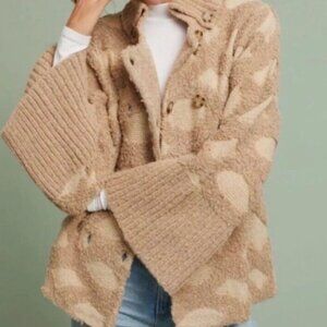 Anthropologie Rosie Neira Intarsia Wool Blend Double Breasted Cardigan Beige SM